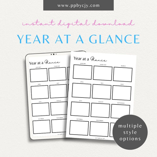 Year at a Glance Printable Template – Digital download for viewing and organizing the entire year at a glance, including important dates, events, and milestones