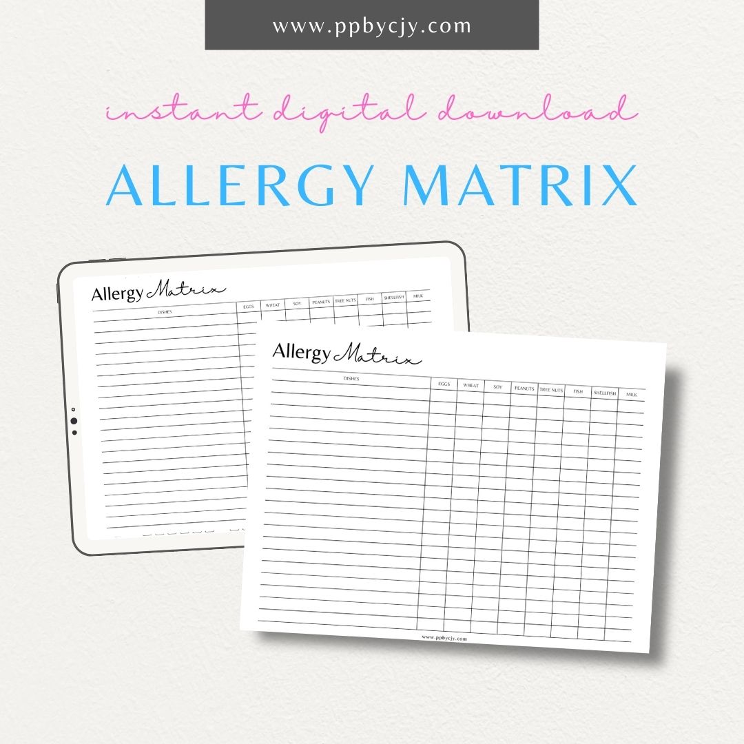 Restaurant Food Allergy Matrix Printable Template: Manage Allergens