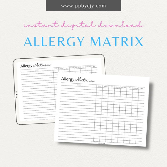 Restaurant Food Allergy Matrix Template – Digital download for allergen tracking and kitchen safety