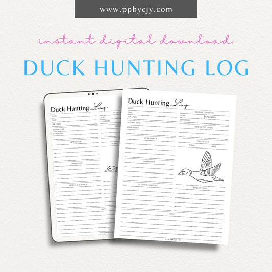 Duck Hunting Log Printable Template – Digital download for tracking duck hunting outings, species sightings, and hunting details.