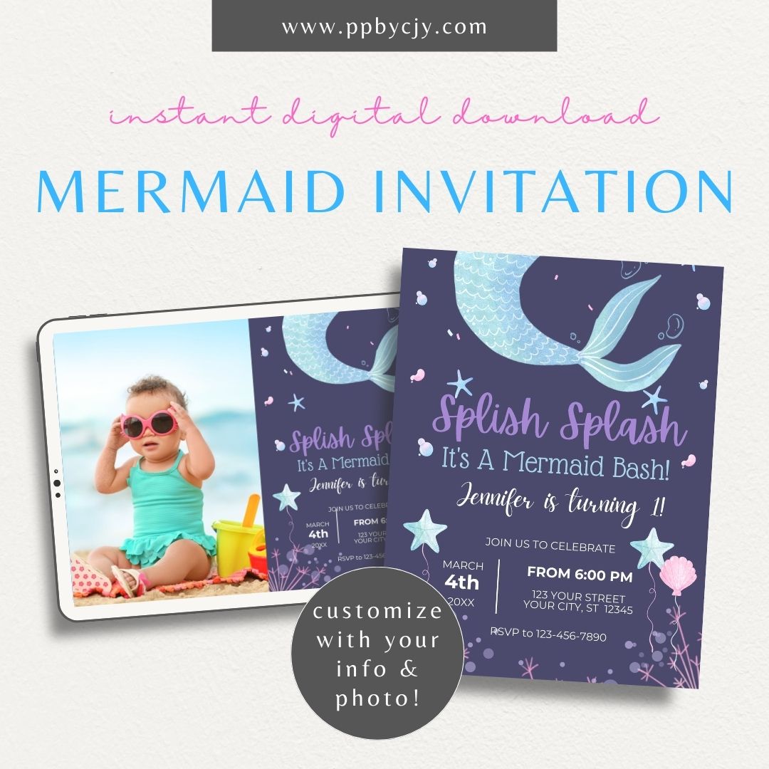 Mermaid Party Invitation Printable Template – Editable digital download for under-the-sea-themed birthday celebrations.