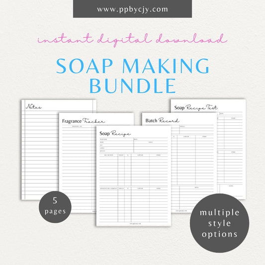 Soap Making Bundle Printable Template – Digital download for a comprehensive set of templates to plan, document, and organize all aspects of soap making, including recipes, ingredient lists, and production schedules