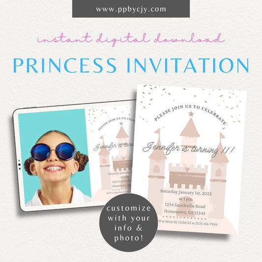 Princess Party Invitation Template Printable – Digital download with crown and castle design