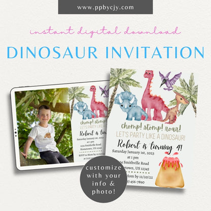 Dinosaur Party Invitation Template – Digital download for editable and printable dino-themed invitations