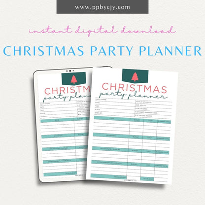 printable template page with columns and rows related to Christmas party planning