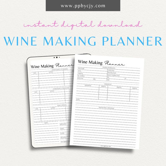 Wine Making Planner Printable Template – Digital download for organizing wine recipes, fermentation schedules, and aging notes