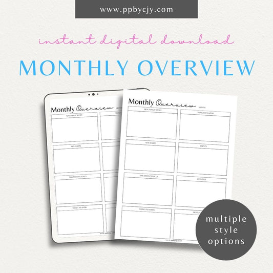 Monthly Overview Printable Template – Digital download for planning monthly schedules, setting goals, and organizing tasks.