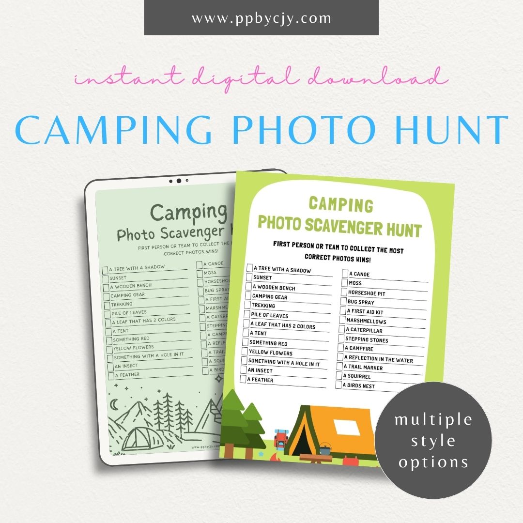 Camping Photo Scavenger Hunt Printable Template – Digital Download for Organizing and Enjoying a Camping-Themed Photo Scavenger Hunt