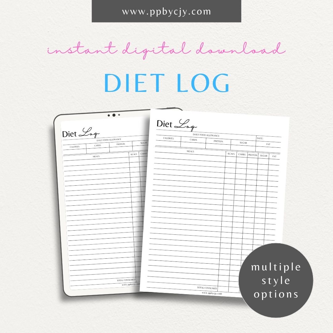 Diet Log Printable Template – Digital download for tracking daily food intake, meal planning, and nutrition.