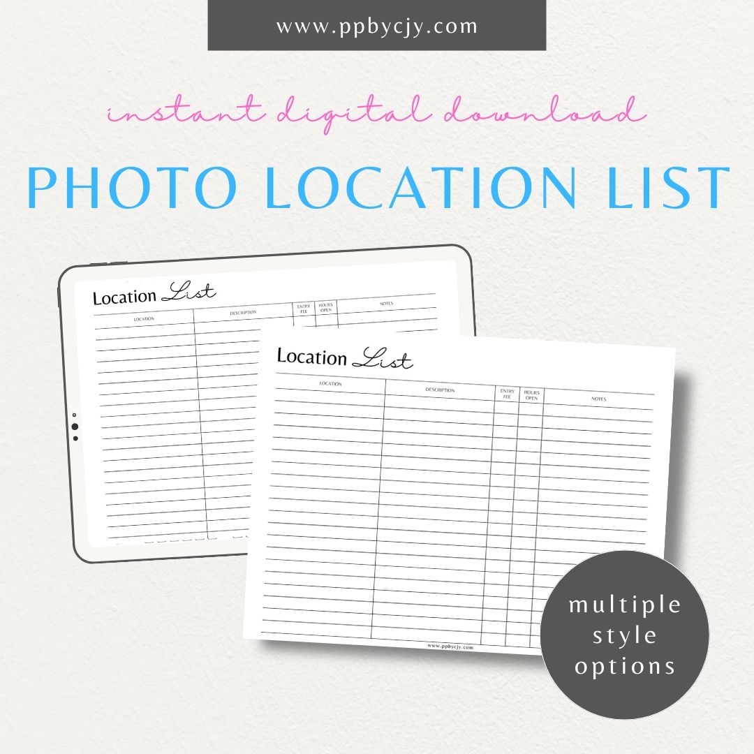 Photography Location List Printable Template – Digital download for organizing and tracking photography spots, photoshoot planning, and location details