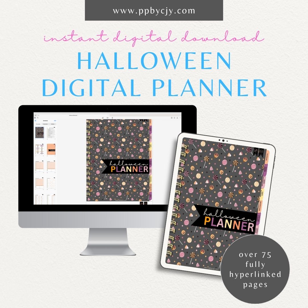 Halloween Digital Planner – Digital download featuring themed pages for organizing Halloween activities, events, and preparations.