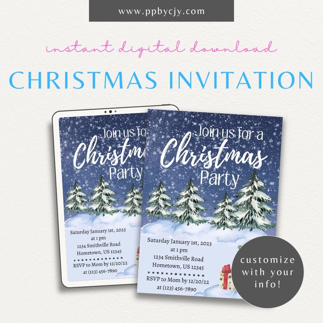 Winter Snow Christmas Invitation – Elegant printable holiday invitation featuring a winter snowflakes theme.