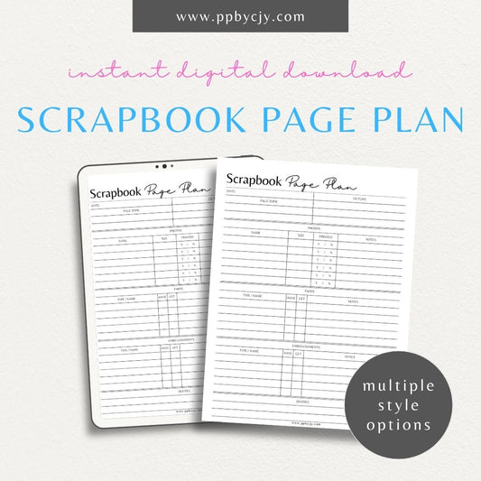 Scrapbook Page Plan Printable Template – Digital download for planning and organizing scrapbook page layouts, materials, and design elements