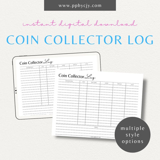 Coin Collector Log Printable Template – Digital download for tracking coin collections, including type, condition, and value.