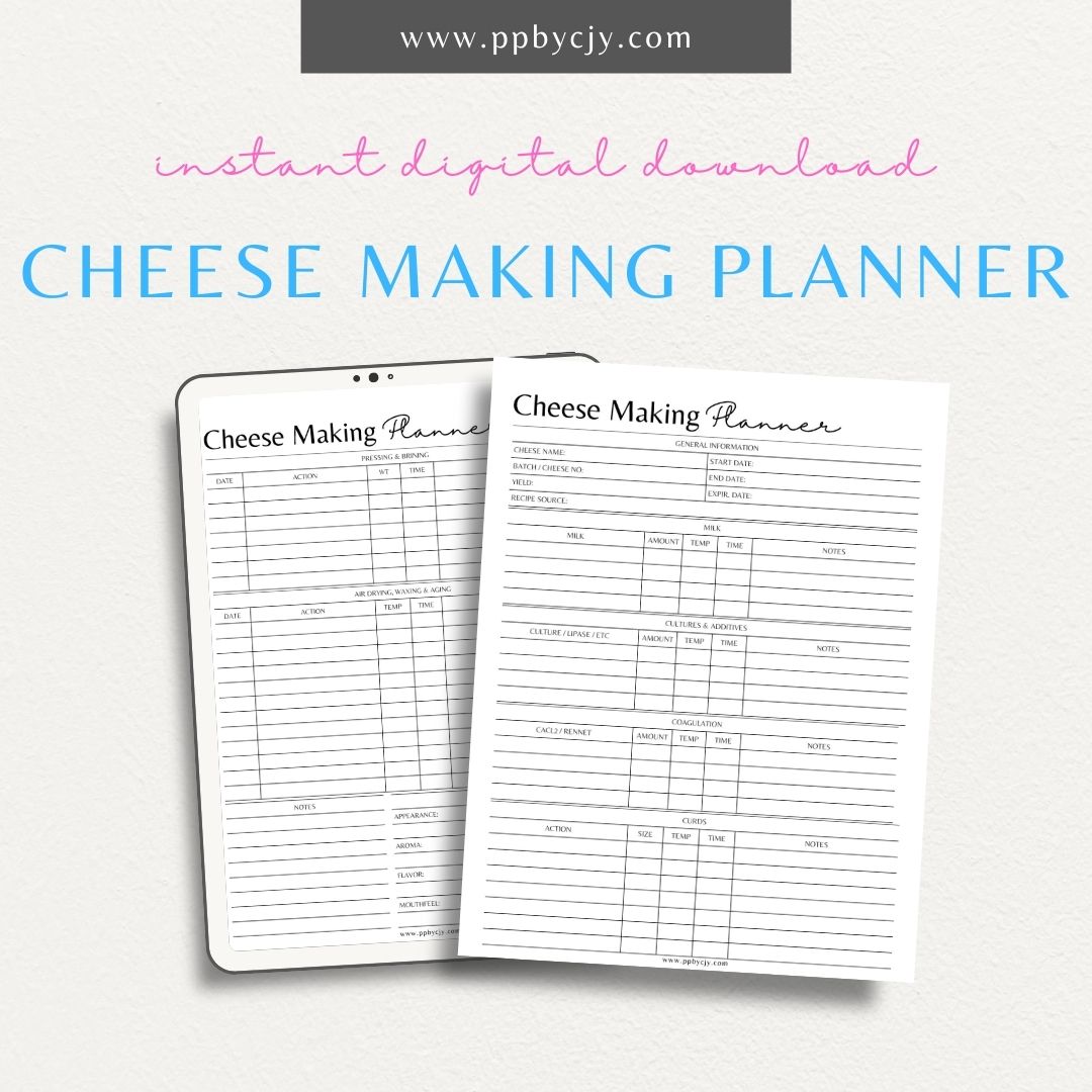 Cheese Making Planner Printable Template – Digital download for organizing homemade cheese recipes, aging schedules, and flavor notes