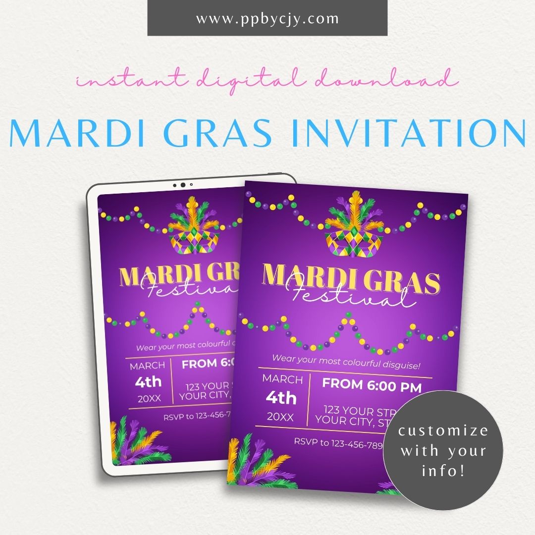 Mardi Gras Invitation Template Printable – Digital download for carnival invites