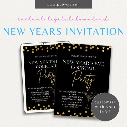 Elegant New Year's Eve Invitation Template Printable – Digital download with gold glitter theme