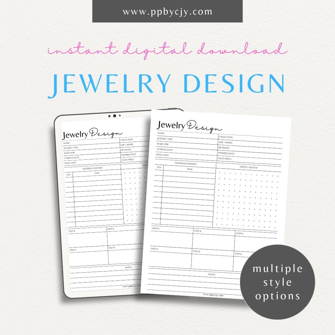 Jewelry Design Plan Printable Template – Digital download for organizing and planning jewelry designs with sections for sketches, materials, and measurements