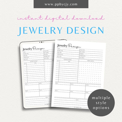 Jewelry Design Plan Printable Template – Digital download for organizing and planning jewelry designs with sections for sketches, materials, and measurements