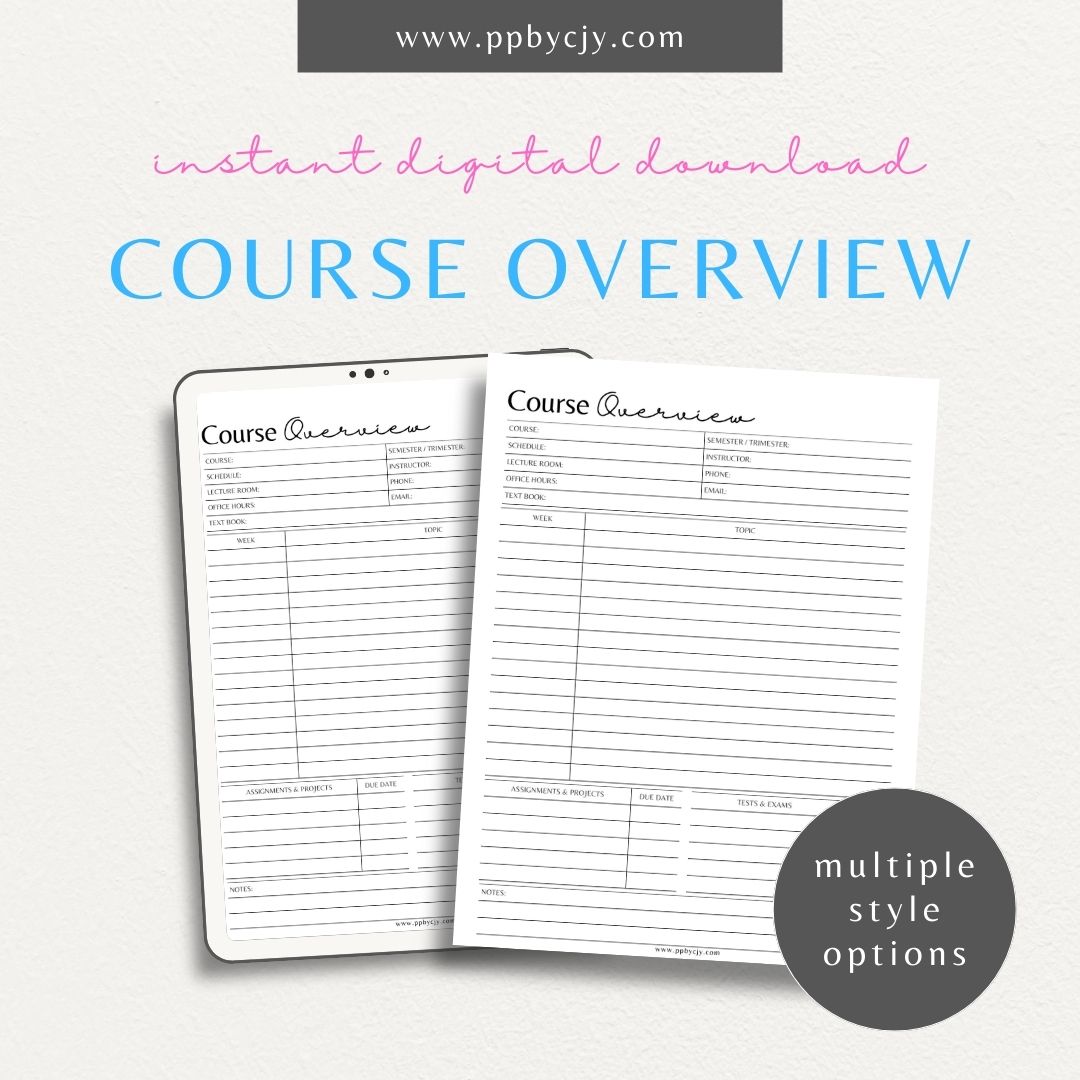 Course Overview Notes Printable Template – Digital download for organizing and summarizing course content for students.