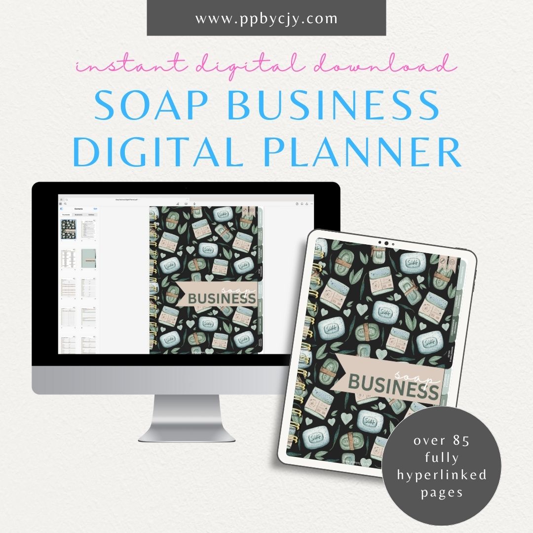 Soap Business Digital Planner – Digital download for managing and organizing various aspects of your soap business, including production schedules, inventory, orders, and marketing strategies