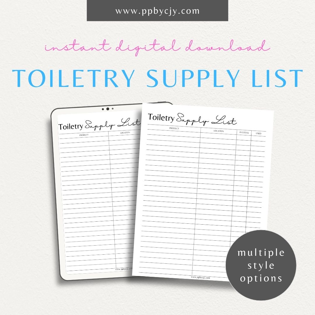 Toiletry Supply List Printable Template – Digital download for organizing and tracking bathroom essentials, personal care items, and travel packing