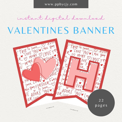 Printable Valentine’s Day flag banner with "Happy Valentine’s Day" lettering and heart designs for festive decorations.

