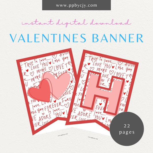 Printable Valentine’s Day flag banner with "Happy Valentine’s Day" lettering and heart designs for festive decorations.

