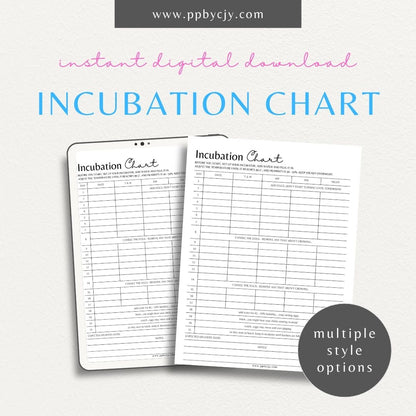 Incubation Chart Printable Template – Digital download for tracking egg hatching, temperature, and humidity.