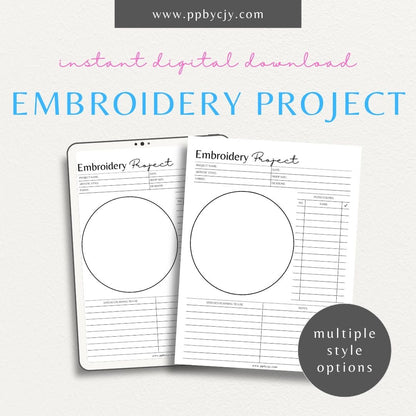 Embroidery Project Plan Printable Template – Digital download for organizing and planning embroidery projects with sections for design, materials, and progress tracking