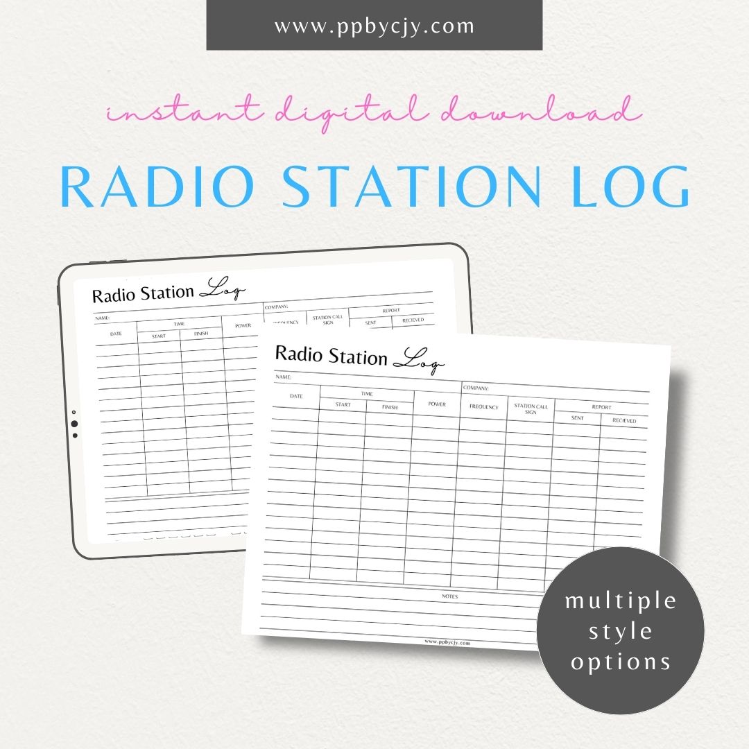 Amateur Radio Station Log Printable Template – Digital download for tracking call signs, frequencies, signal reports, and station activities.