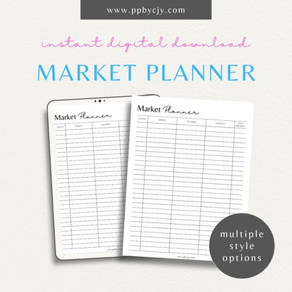 Market Planner Printable Template – Digital download for organizing market days, scheduling events, and managing vendor activities.