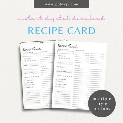 Recipe Card Printable Template – Digital download for organizing and documenting your favorite recipes and cooking instructions