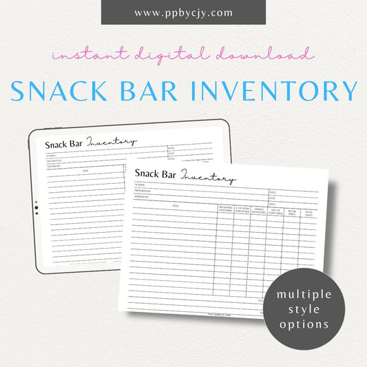 Snack Bar Inventory Printable Template – Digital download for tracking snack stock levels, managing restocks, and organizing a concession stand or snack shop.