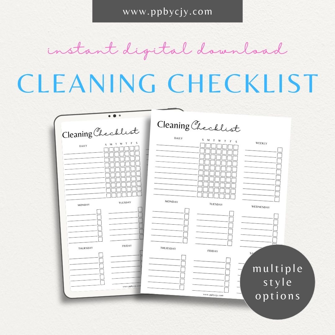 Cleaning Checklist Schedule Printable Template – Digital Download for Organizing and Scheduling Cleaning Tasks and Routines