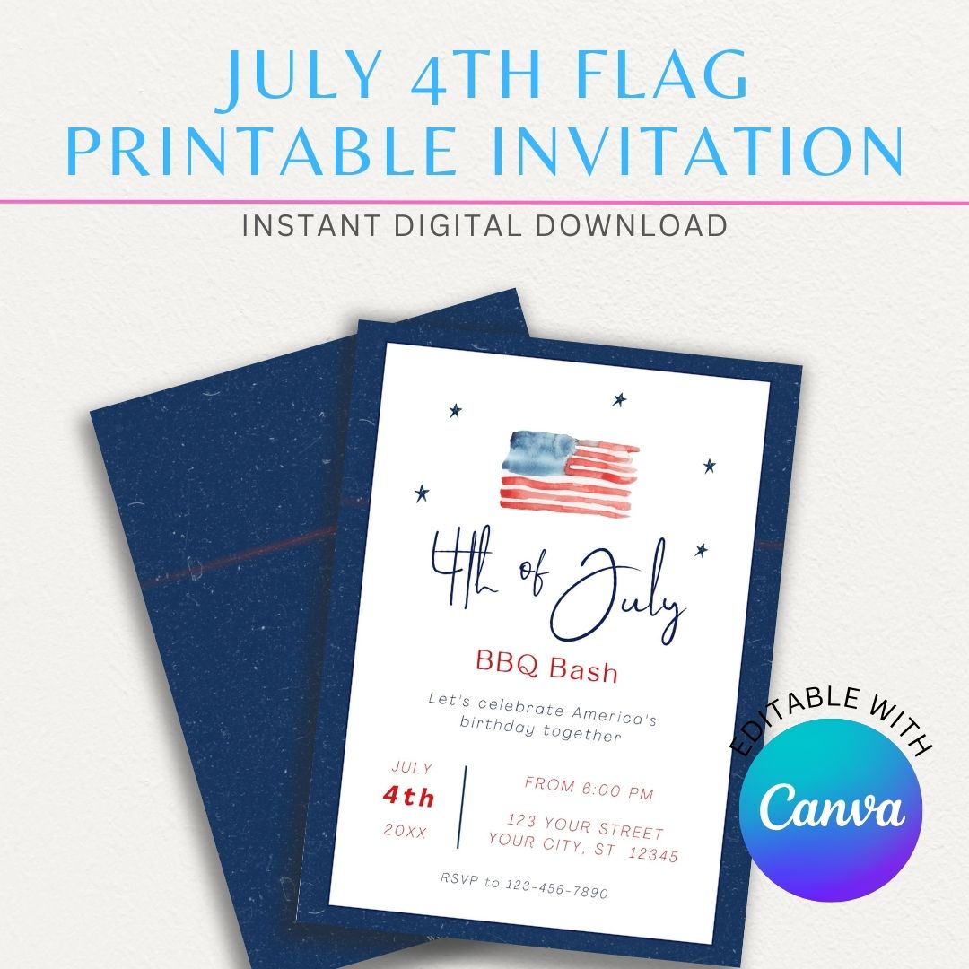 July 4th Flag Printable Invitation featuring the American flag for a patriotic Independence Day celebration.

