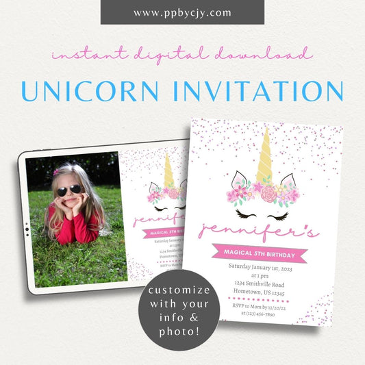 Whimsical Unicorn Party Invitation Printable – Digital download with vibrant colors and glittery unicorn design