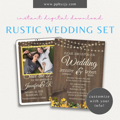 Rustic Wedding Invitation Set with yellow Flowers, Wood Background, and String Lights – Includes Invitation, Save-the-Date, RSVP, Details Card, and Thank-You Card