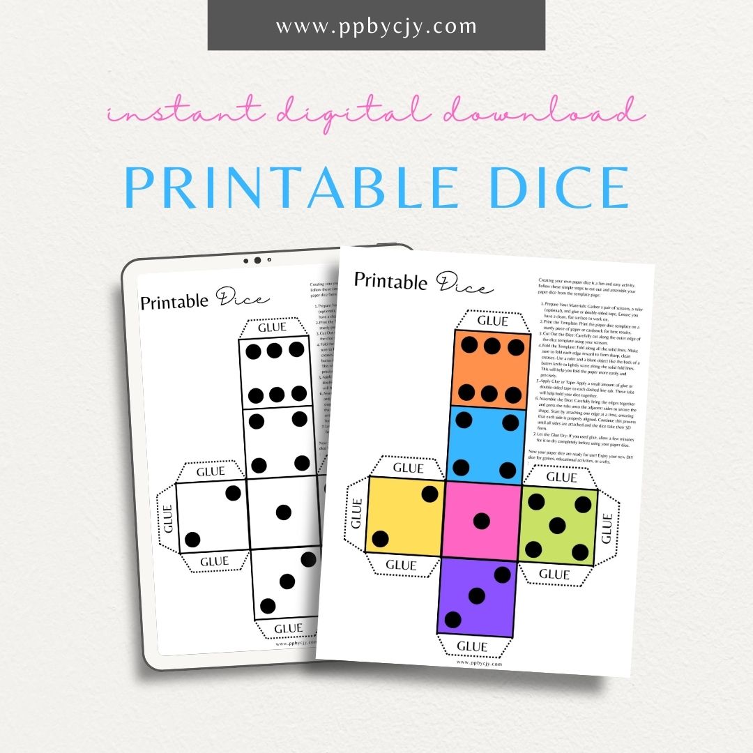 Paper Dice Printable Template – Digital Download for Creating Custom Dice with easy-to-assemble designs and instructions for cutting and folding