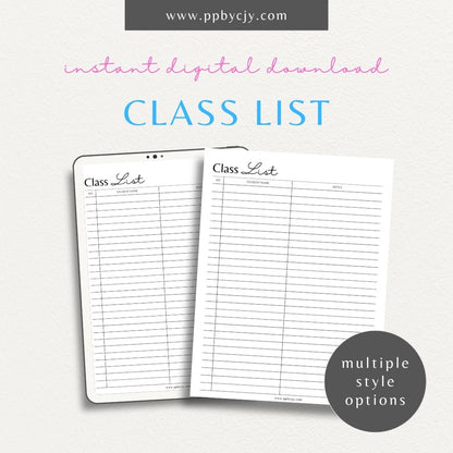 Class List Printable Template – Digital download for organizing student rosters and tracking attendance in classrooms.