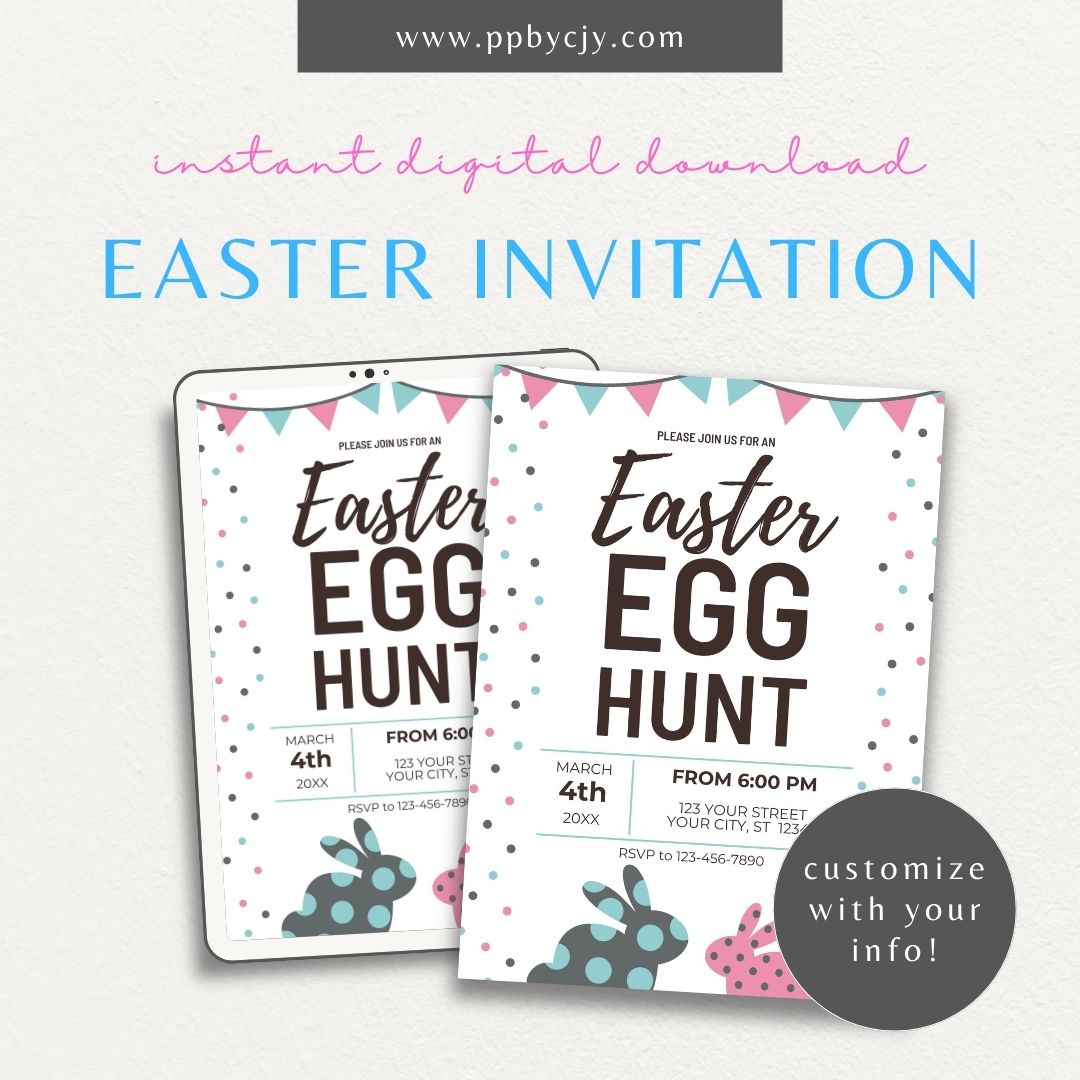 Easter Invitation with Bunnies & Polka Dots – Printable festive party invite for Easter celebrations.