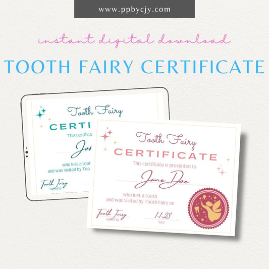 Personalized Tooth Fairy Certificate Printable Template – Digital download for creating customized certificates to celebrate a child's lost tooth, including space for the child’s name and the Tooth Fairy’s message