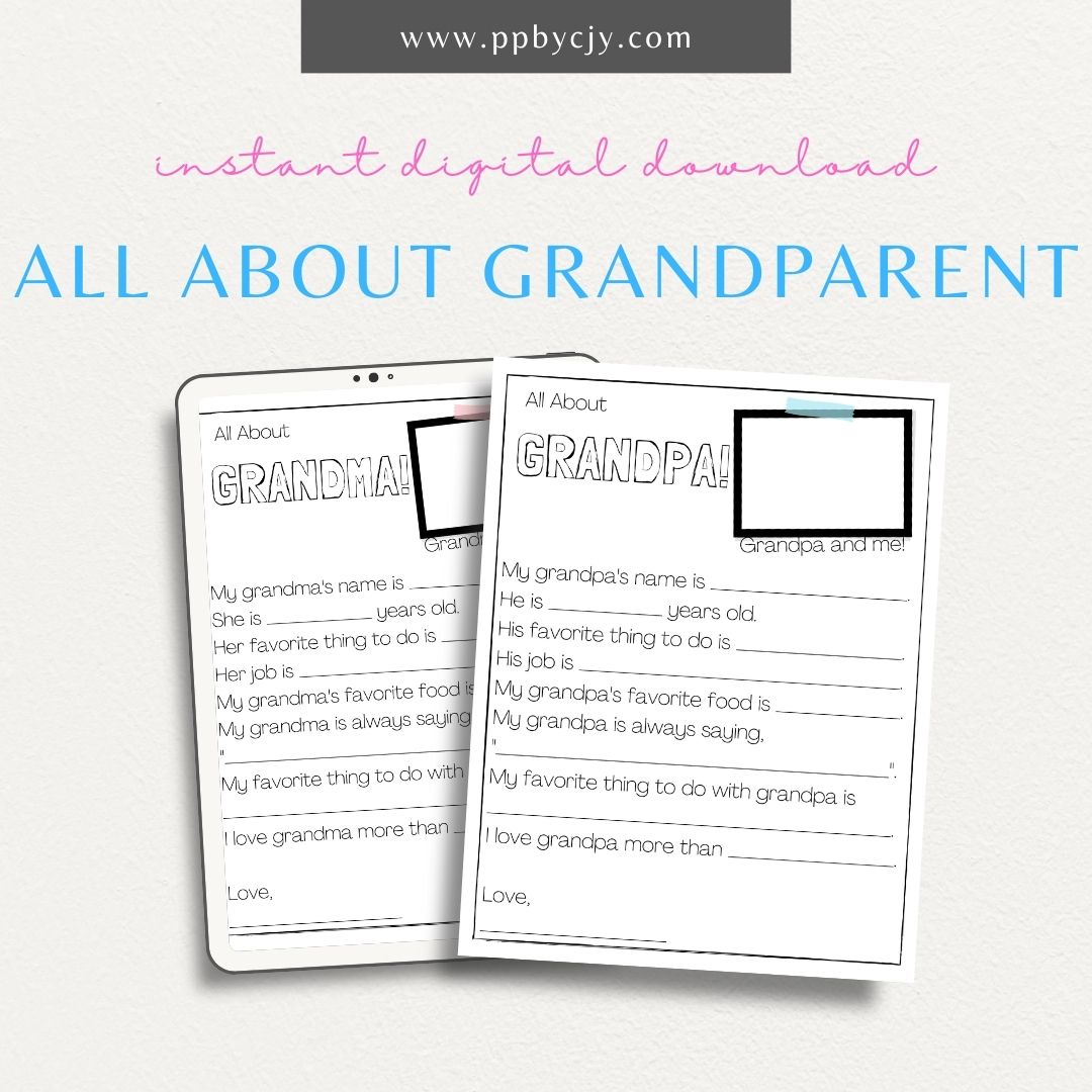 All About Grandpa and Grandma printable template with sections for memories, stories, and fun facts