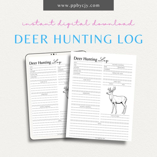 Deer Hunting Log Printable Template – Digital download for tracking deer hunting details, including sightings, weather, and rut phase.