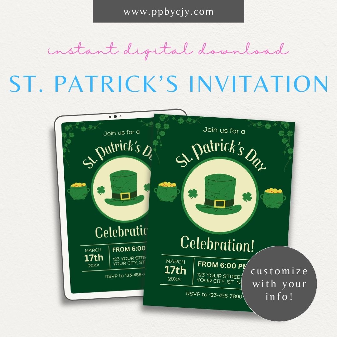 St. Patrick’s Day Invitation – Printable festive invitation with shamrocks and a four-leaf clover design.