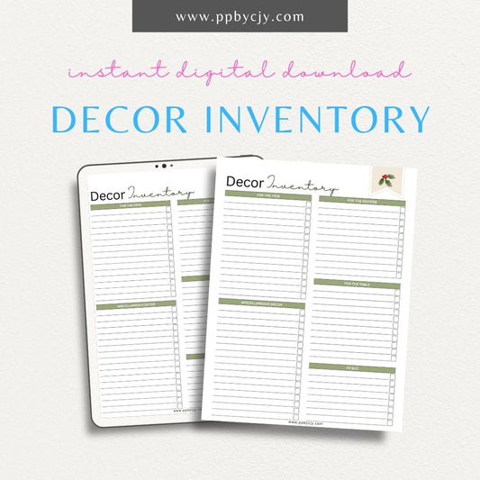 Christmas Decor Inventory Template Printable – Digital download for holiday decoration catalog