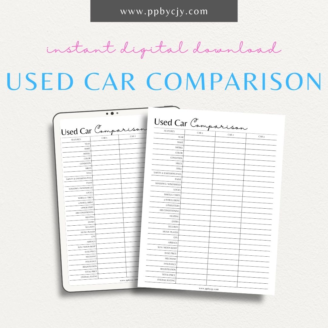 Used Car Comparison Sheet Printable Template – Digital download for comparing vehicle features, price, and condition for car shopping.