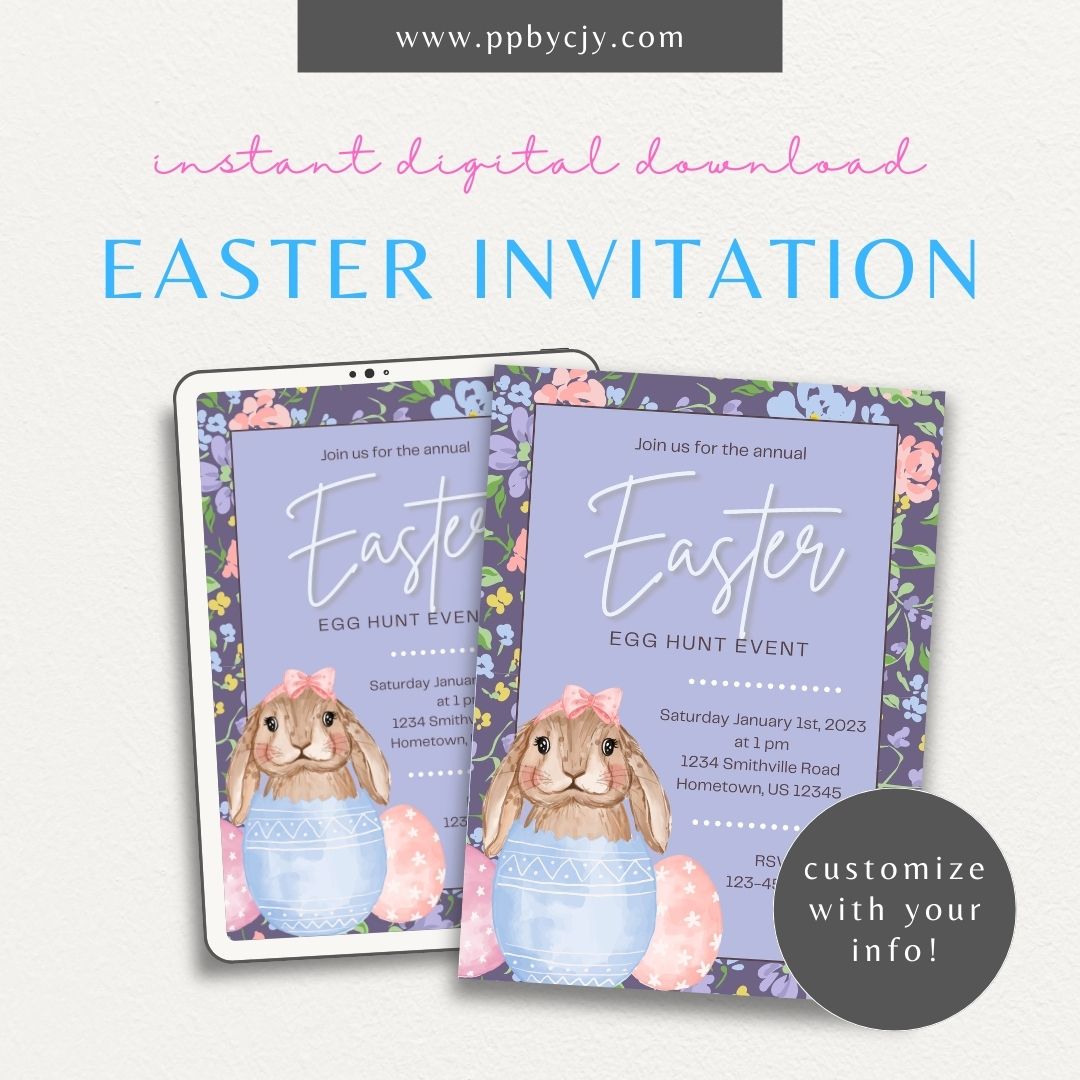 Easter Invitation with Bunny & Purple Flowers – Printable floral party invite for spring celebrations.