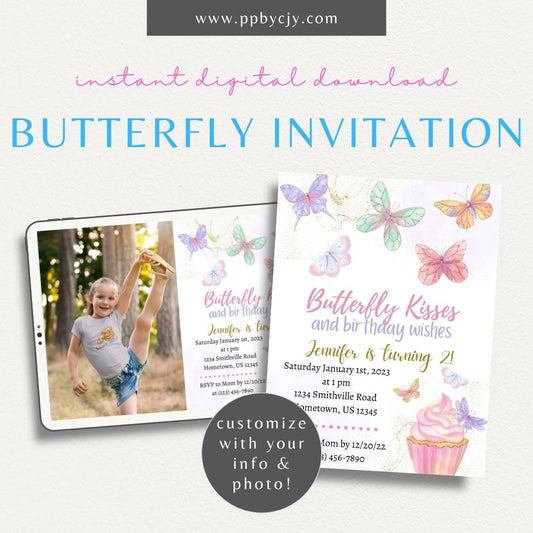 Butterfly Invitation Printable Template – Editable digital download for a spring-themed party or birthday.