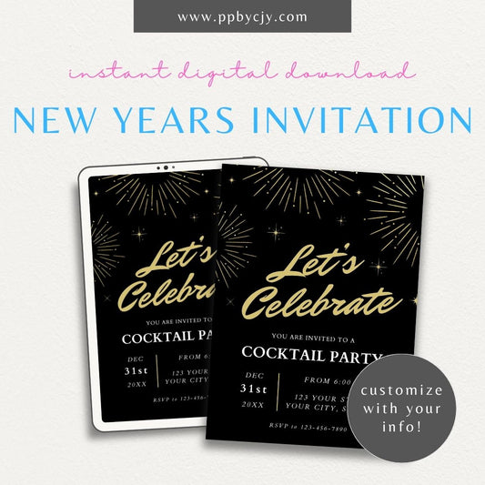 Modern New Year's Eve Party Invitation Template Printable – Digital download with minimalist black and gold design